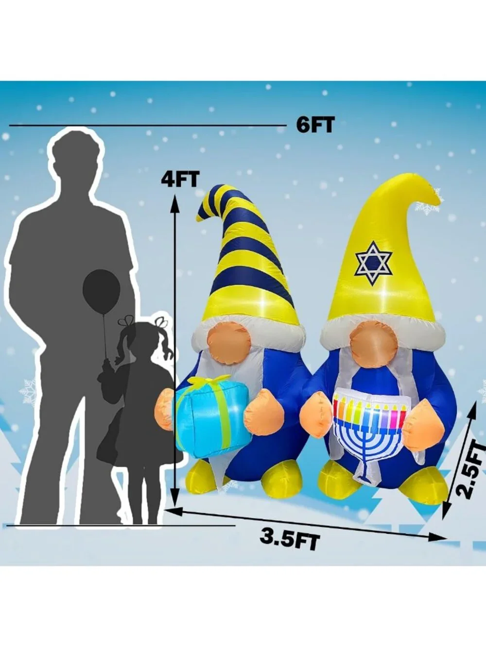 4FT Inflatable Hanukkah Gnomes with Menorah & Gift Box - LED Outdoor Decor